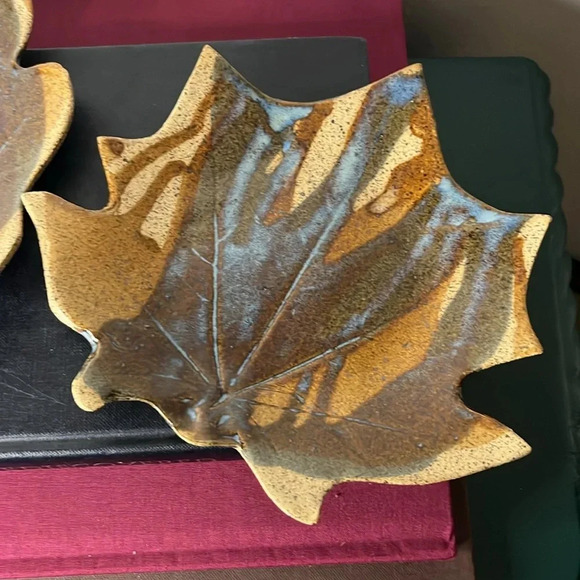 Lynne Puhalla Pottery Blue Brown Drip Glaze Oak and Maple Leaf Trinket Trays - Picture 2 of 8